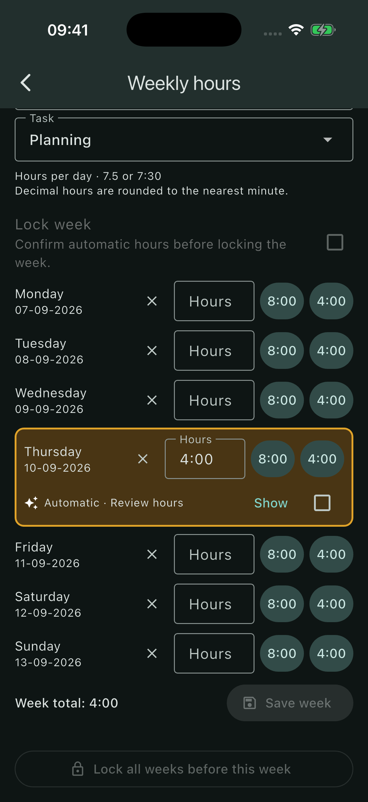 Planning hours awaiting review, with the Show button and confirmation checkbox