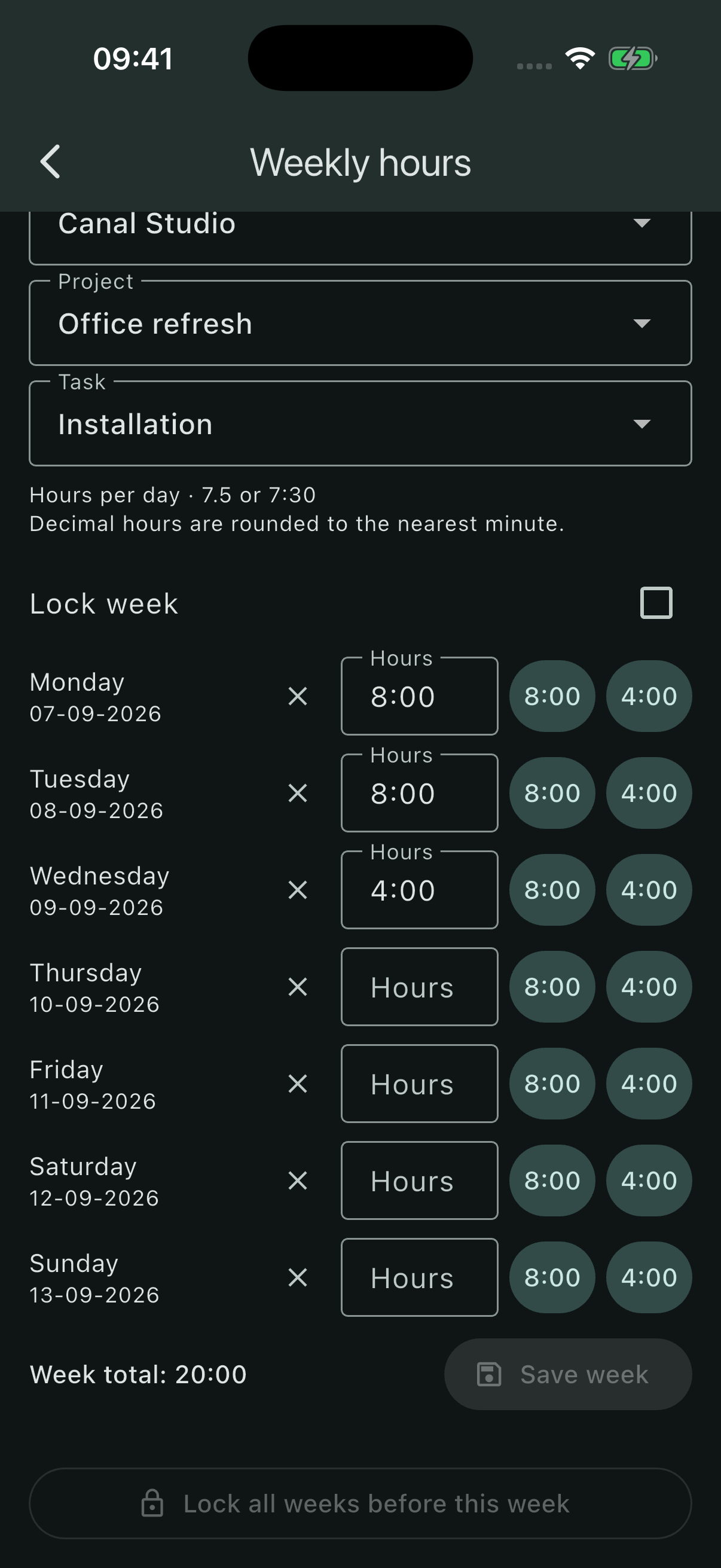 Installation weekly hours with daily entries and a twenty hour total