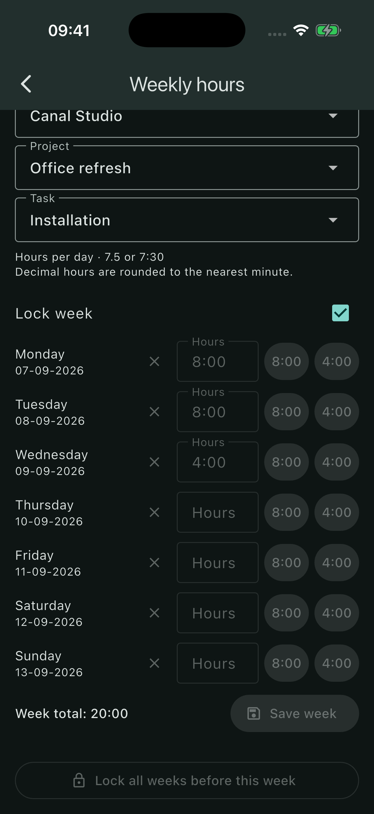 Installation week with its Lock week control enabled